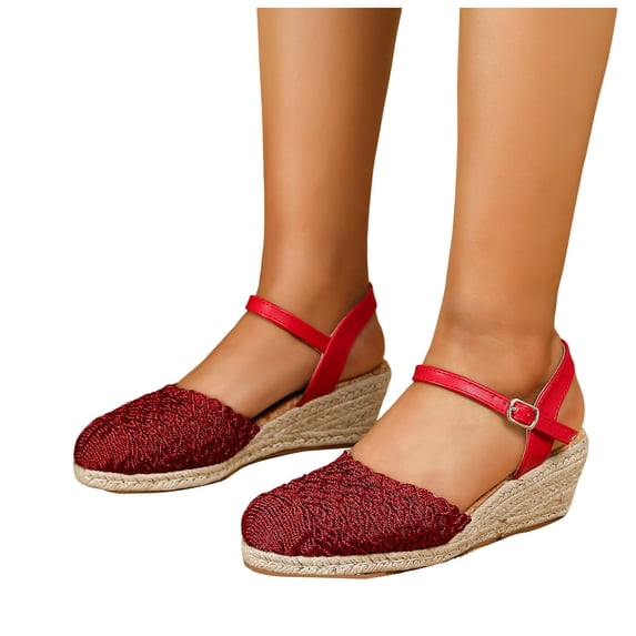 Womens Espadrilles Woven Closed Toe Wedge Sandals Classic Summer Cork Wedges Heels with Ankle Strap Thick Sole Dressy Beach Shoes Red Size 6.5