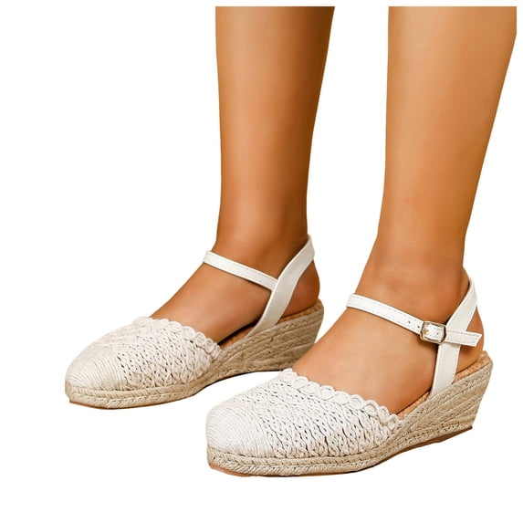 Womens Espadrilles Woven Closed Toe Wedge Sandals Classic Summer Cork Wedges Heels with Ankle Strap Thick Sole Dressy Beach Shoes White Size 8.5