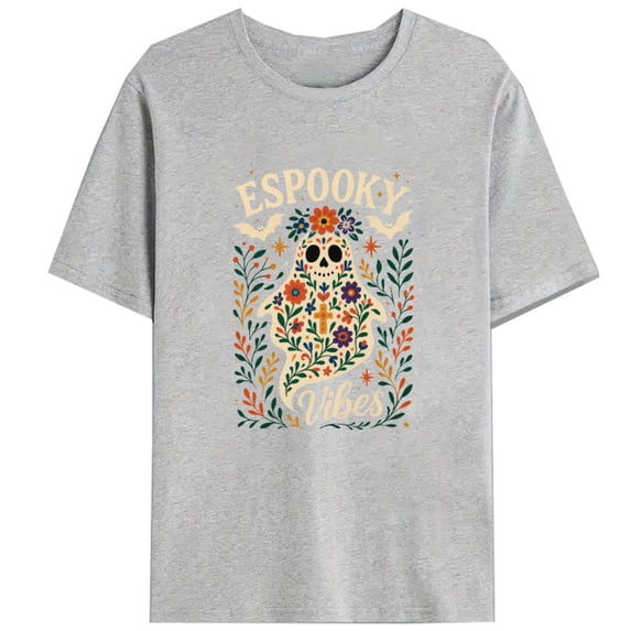 Womens Espooky Vibes Graphic Tee T-shirt Top Comfortable Floral Short Sleeve Round Neck Gray S-3XL