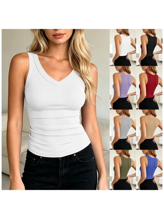 Womens Essential Tank Tops V Neck Wide Shoulder Strap Ribbed Fitted Top,White Size L
