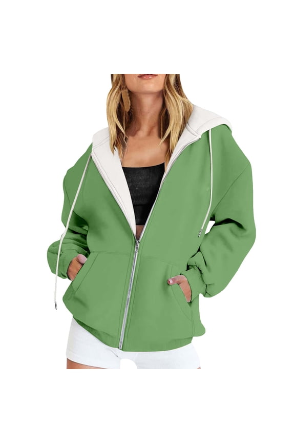 Womens Essentials Hoodie Solid Color Long Sleeve Zip Up Hooded Sweatshirt Fall Casual Comfy Y2k Jackets Winter Clothes