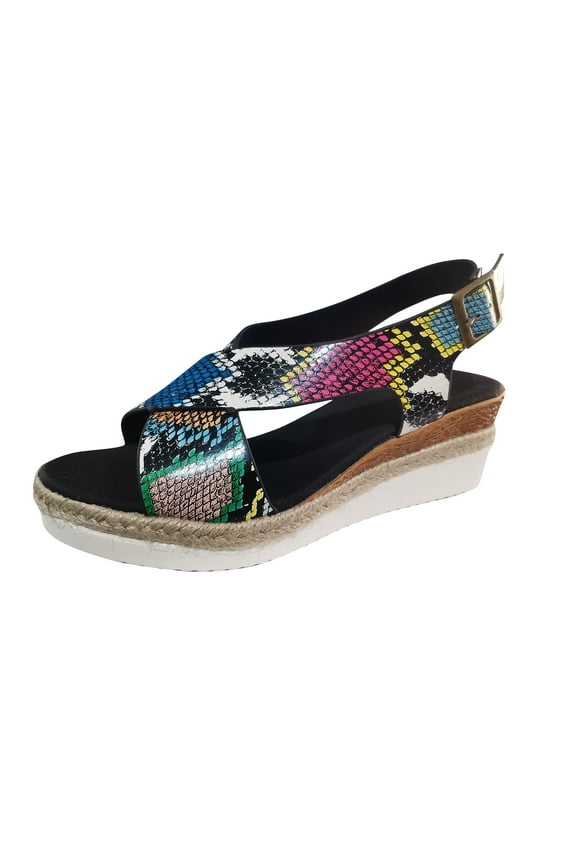 Womens Ethnic Boho Platform Wedges Snakeskin Print Slingback Comfy Espadrille Sandals Strappy Slide On Shoes for Beach