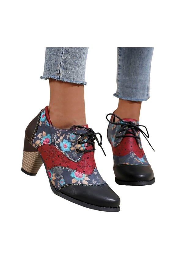 Womens Ethnic Dress Ankle Boots Boho Floral Leather Pointed Toe Lace up Stacked Heels Oxfords Combat Booties