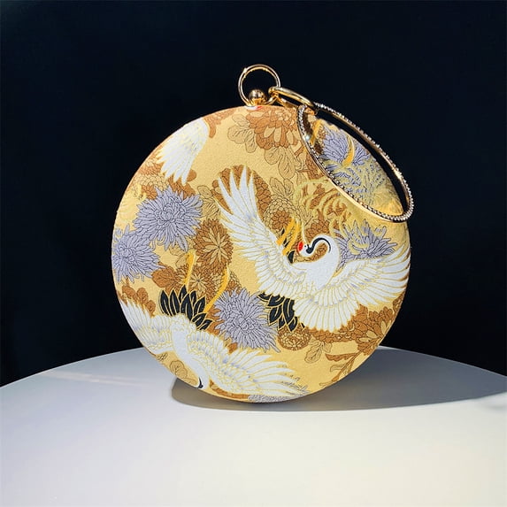 Womens Evening Bag Clutch Purse Luxury Handbag Embroidery Wedding Bag Crane-Print Small Round Evening Bag,Gold