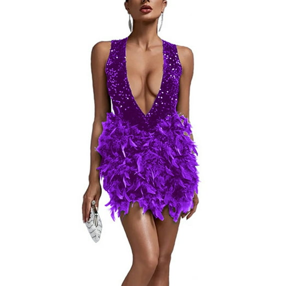 Womens Evening Dresses 2024 Cocktail Party Dresses for Women 2024 Feather-Trimmed Sequin Dress with V Neck and Open Back