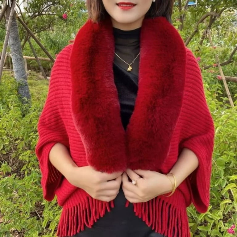 Womens Evening Dresses Wedding Cloak Faux Fur Collar Knitting Shawl Plush  Wraps Winter Warm RED 