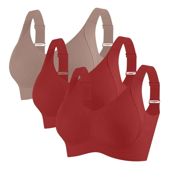 Womens Everyday Bras, 3Pcs Women's Solid Color Four Rows Adjustable Wireless Bra, Soft Comfortable Seamless Full Coverage Ribbed Bralettes Push-Up Bra M-4XL