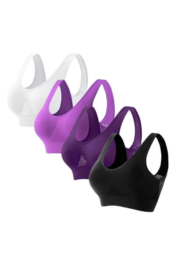 Womens Everyday Bras, 4Pcs Breathable Anti-Sagging Sports Bras for Women Plus Size High Support Wireless Bra with Cooling Lift-Up Air Tech Mesh S-5XL