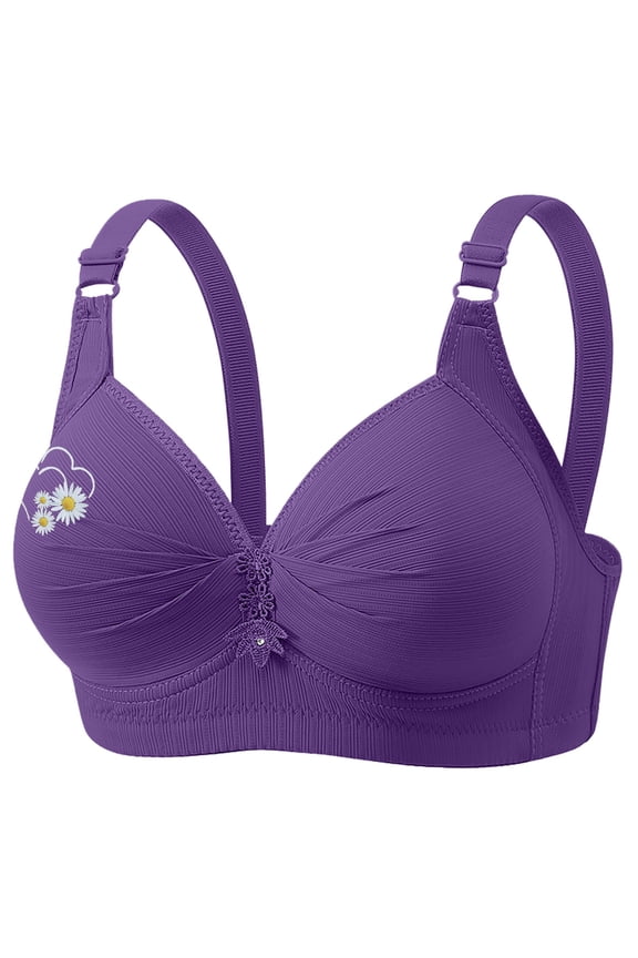 Womens Everyday Bras Fashion Daisy Printed Adjustable Straps T-Shirt Bra No Underwire Push Up Bralettes Underwear Purple XX-Large