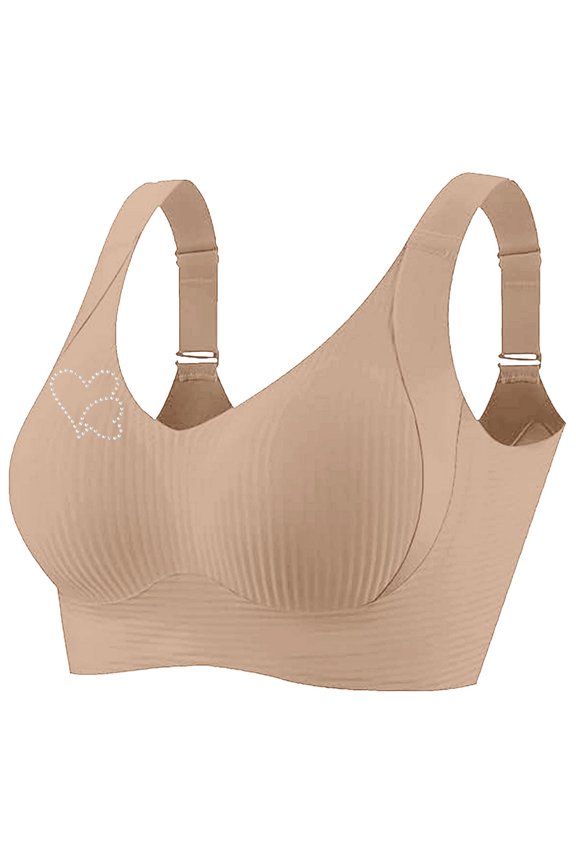 Womens Everyday Bras Fashion Hot Drill Heart Printed Stretchy Comfy Push Up Bra V-Neck T-Shirt Bralettes Underwear Khaki 4X-Large
