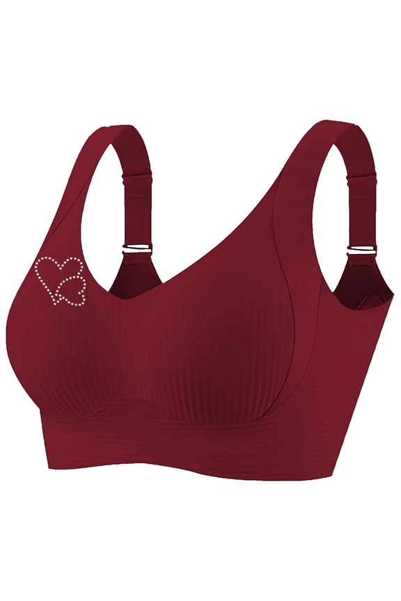 Womens Everyday Bras Fashion Hot Drill Heart Printed Stretchy Comfy Push Up Bra V-Neck T-Shirt Bralettes Underwear Wine Medium