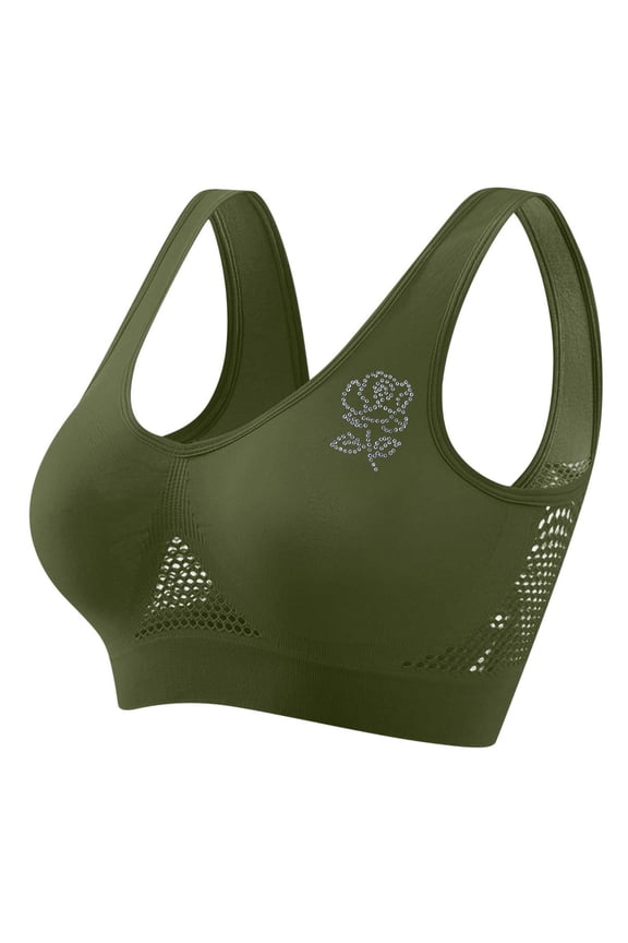 Womens Everyday Bras Hot Drill Rose Printed Hollow Breathable Comfy Sport Bra Bralettes Corset Sleep Underwear Army Green 4X-Large