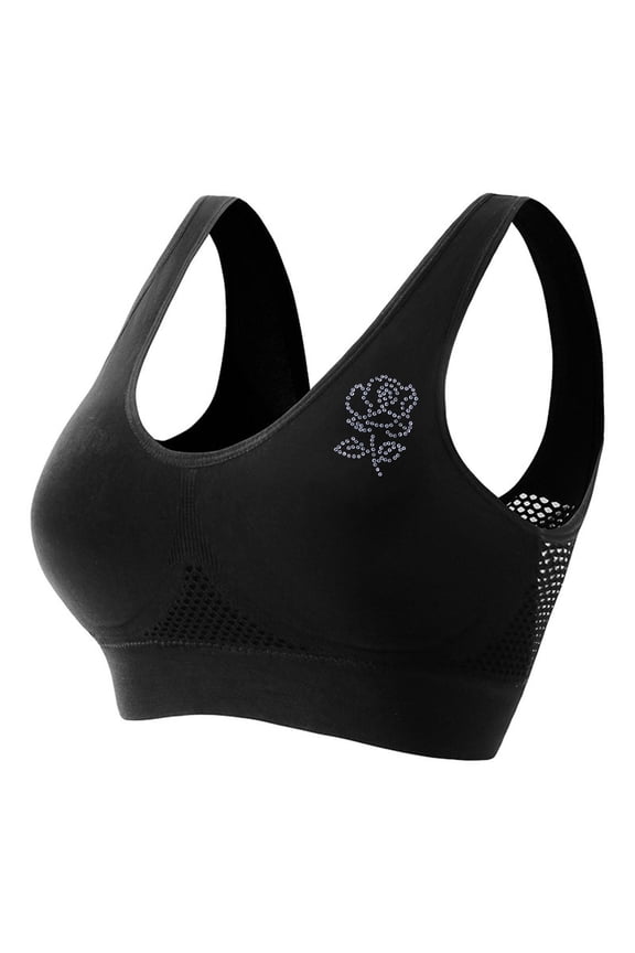 Womens Everyday Bras Hot Drill Rose Printed Hollow Breathable Comfy Sport Bra Bralettes Corset Sleep Underwear Black 3X-Large