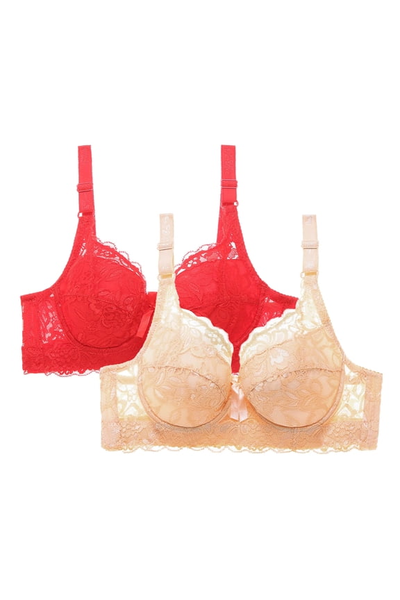 Womens Everyday Bras, Women's 2pcs Sexy Lace Bra Sheer Balconette Underwire Unlined Push Up Everyday Bras Lingerie S-4XL