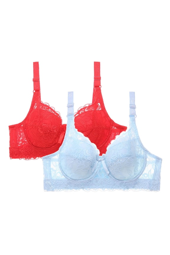 Womens Everyday Bras, Women's 2pcs Sexy Lace Bra Sheer Balconette Underwire Unlined Push Up Everyday Bras Lingerie S-4XL