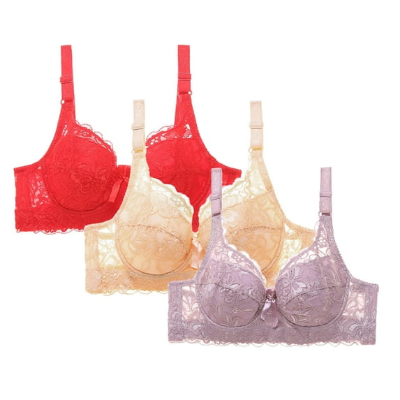Womens Everyday Bras, Women's 3pcs Balconette Bra Lace Lightly Padded Demi Full Coverage Plus Size Bras Underwire Support S-4XL