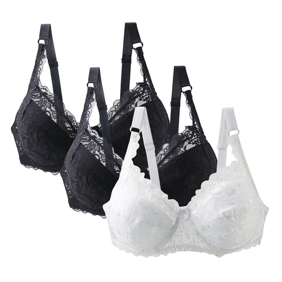Womens Everyday Bras, Women’s 3pcs Push Up Lace Bra Comfort Full Coverage Padded Underwire Bra Lift Up Add One Cup Plus Size S-5XL