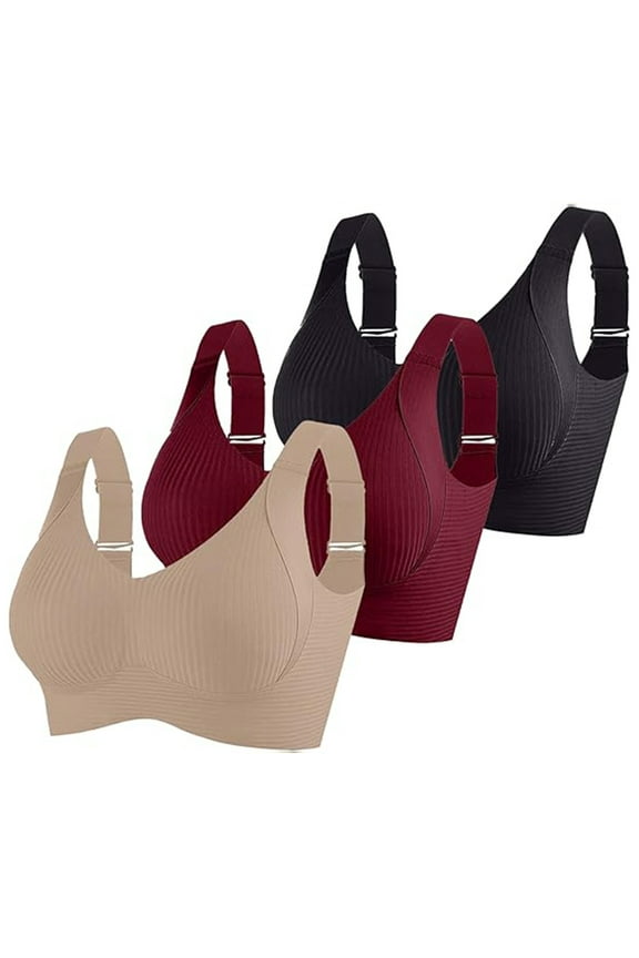 Womens Everyday Bras, Women's Ribbed Push Up Adjustable Wireless Bra, 3 Pack Women Solid Full Coverage Four Breasted Adjustable Wireless Bra M-3XL