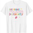thumbnail image 1 of Womens Everyone Communicates Differently Autism Awareness Month Short Sleeve T-Shirt White Medium, 1 of 5