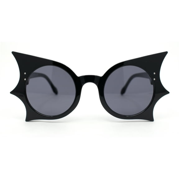 Womens Exaggerated Bat Wing Shape Round Circle Lens Sunglasses All Black