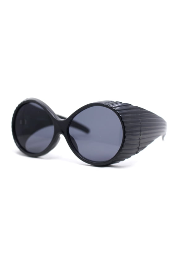 Womens Exaggerated Vintage Round Windbreak Goggle Style Wrap Sunglasses All Black