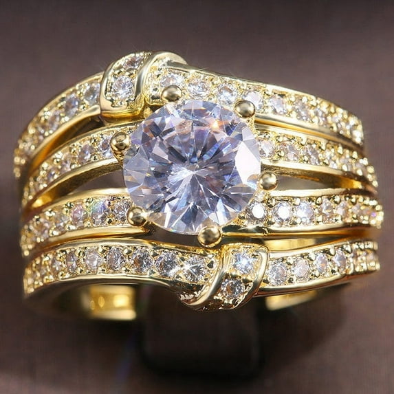 Womens Exaggerated Zircon Ring Set Fine Copper Statement Ring Set Fashion Jewelry Three Piece Ring for Women Party Cocktail Ring Set Gold Silver