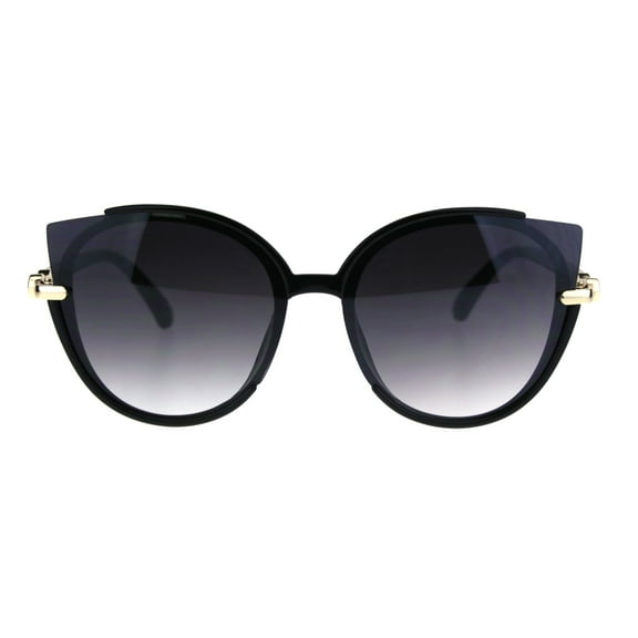 Womens Exposed Cat Eye Tip Lens Designer Oversize Round Sunglasses Black Smoke