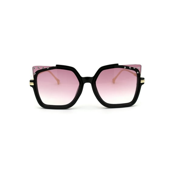 Womens Exposed Horn Lens Rhinestone Trim Hinge Fashion Sunglasses Black Gold Burgundy Smoke