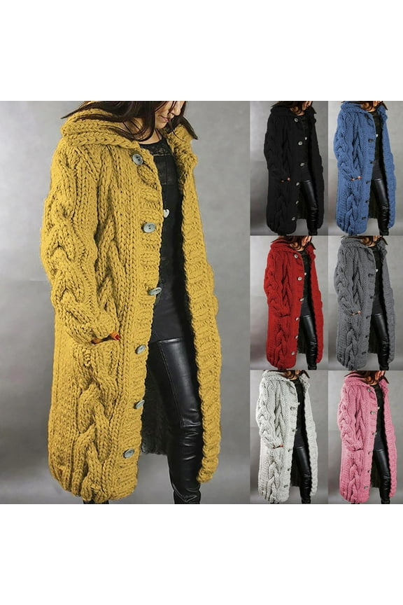 Womens Extra Long Cardigan Stylish Thickened Cable Knit with Pockets Button Up Maxi Coat Black L