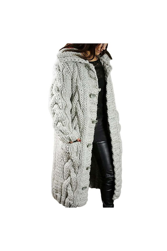 Womens Extra Long Cardigan Stylish Thickened Cable Knit with Pockets Button Up Maxi Coat Gray XXL