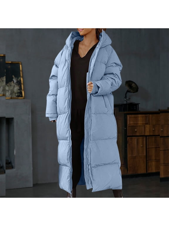 Womens Extra Long Hooded Puffer Jacket Solid Color Loose Over The Knee Thick For Maximum Winter Warmth Womens Winter Coats