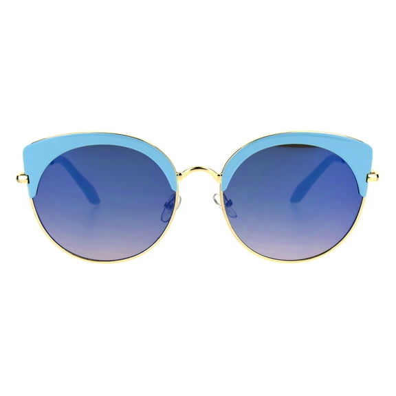 Womens Eye Brow Half Rim Retro Mod Round Cat Eye Tip Sunglasses All Blue