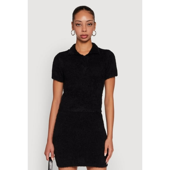 Womens Eyelash Knit Cropped Polo Shirt