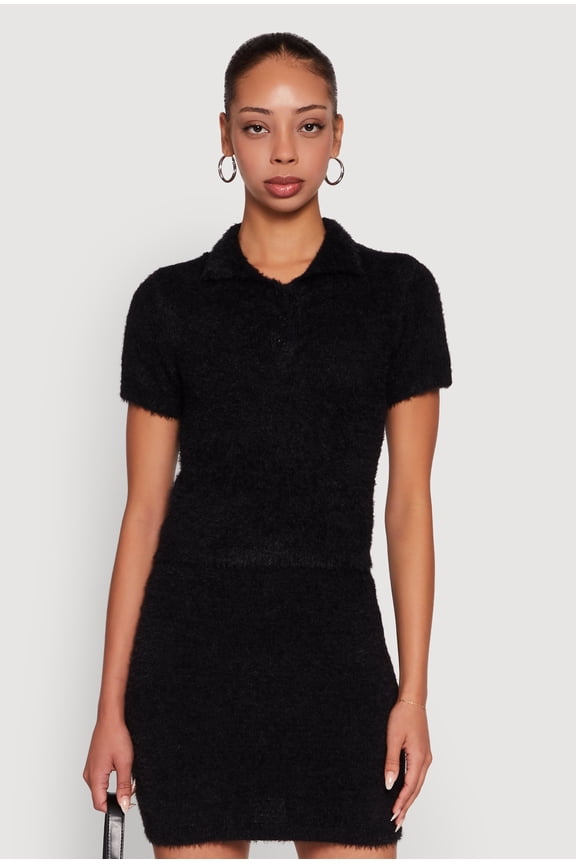 Womens Eyelash Knit Cropped Polo Shirt