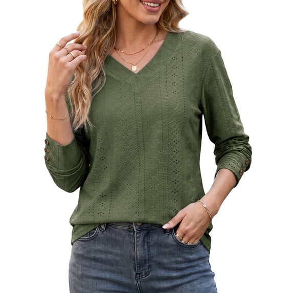 Womens Eyelet Blouses Casual Long Sleeve Shirts Dressy V Neck Fall Lace Tops with Decorative Button