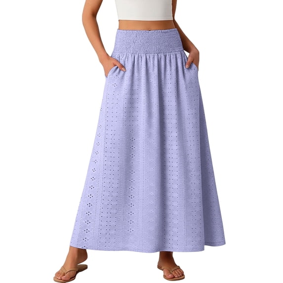 Womens Eyelet Boho Maxi Skirt Elastic High Waist Flowy Tiered A-Line Long Skirts Solid Casual Ruffle Skirt Flowy Flared Ruffle Skirts Beach Vacation Going Out Outfit