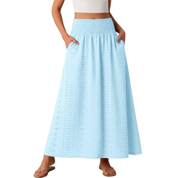 Womens Eyelet Boho Maxi Skirt Elastic High Waist Flowy Tiered A-Line Long Skirts Solid Casual Ruffle Skirt Flowy Flared Ruffle Skirts Beach Vacation Going Out Outfit