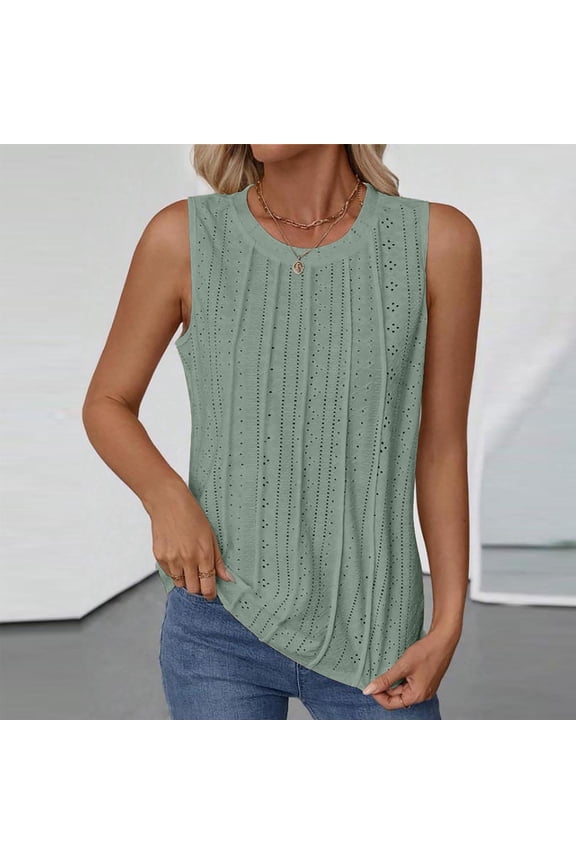 Womens Eyelet Breathable Tank Tops Crew Neck Pleated Sleeveless Tunic Loose Fitting Casual Blouse Green L