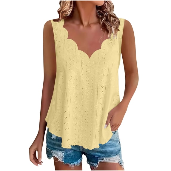 Womens Eyelet Embroidery Tank Tops Loose Fit Trim V Neck Sleeveless Shirts Casual Summer Flowy Beach Tanks