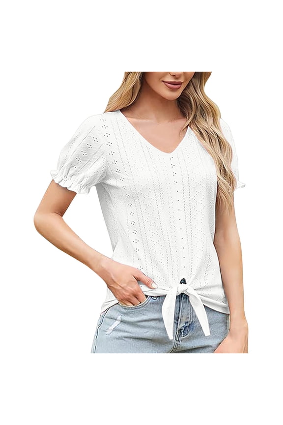Womens Eyelet Knit Tops V Neck Puff Ruffle Short Sleeve Tie Front Knot Tees T Shirts Cute Casual Sweet Summer White 2XL