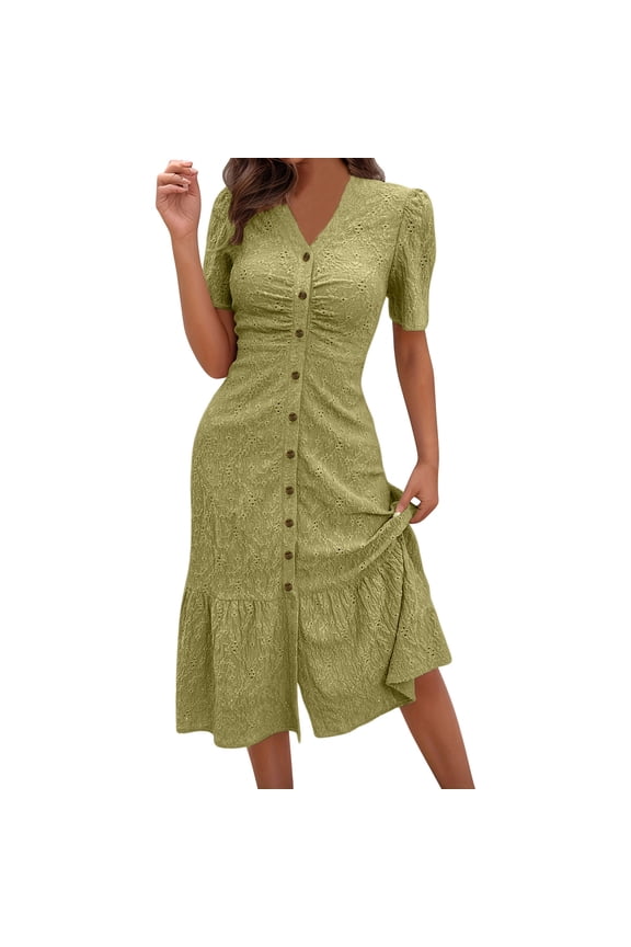 Womens Eyelet Midi Dress V Neck Button Down Ruched Bust Puff Sleeve A Line Summer Casual Dress, 2026 New Limited Time Offer