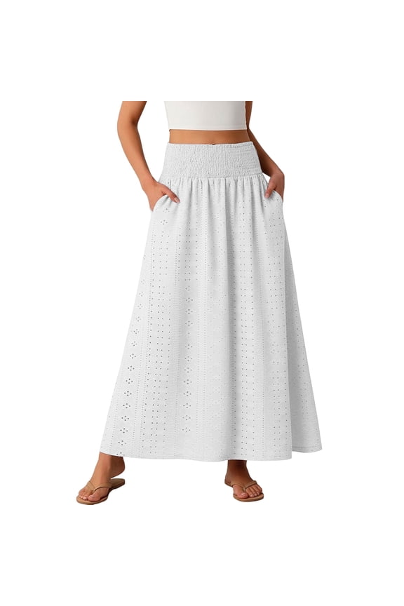 Womens Eyelet Patchwork Maxi Skirts Tiered Elastic High Waist Loose Fit Skirt Flowy Casual Boho Party Summer Smock Skirts