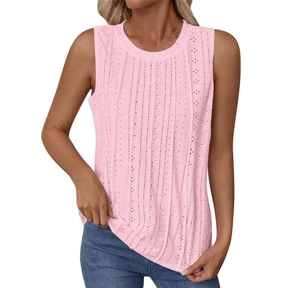 Womens Eyelet Tank Top Sleeveless Crew Neck Hollow Out Casual Loose Shirts Pleated Lightweight Fashion Summer Breathable Blouse Top