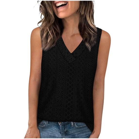 Womens Eyelet Tank Tops, Sleeveless Shirts for Women Summer Casual Loose Fit Hollow Solid Color V Neck Dressy Blouses