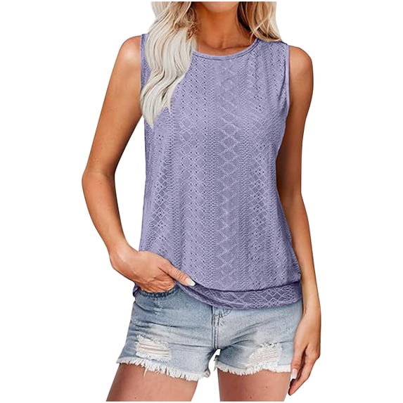 Womens Eyelet Tank Tops, Sleeveless Shirts for Women Summer Casual Loose Fit Solid Color Crewneck Dressy Blouses