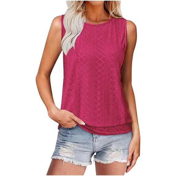 Womens Eyelet Tank Tops, Sleeveless Shirts for Women Summer Casual Loose Fit Solid Color Crewneck Dressy Blouses
