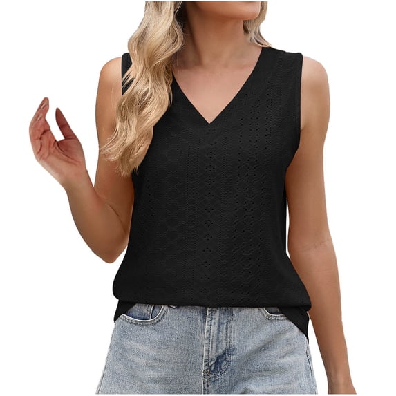 Womens Eyelet Tank Tops, Sleeveless Shirts for Women Summer Casual Solid Color Hollow V Neck Dressy Blouses