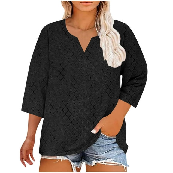 Womens Eyelet Tops, 3/4 Sleeve Shirts for Women Summer Casual Hollow Solid Color Notch V Neck Dressy Blouses