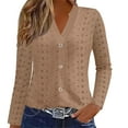 thumbnail image 1 of Womens Eyelet Tops, Long Sleeve Shirts for Women Fall Lightweight Casual Hollow Solid Color Notch V Neck Button Down Blouses, 1 of 5