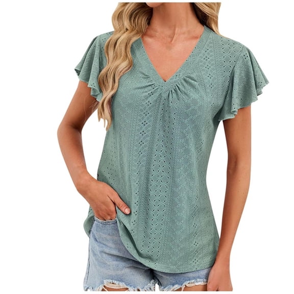 Womens Eyelet Tops Ruffle Short Sleeve T-Shirts Summer V-Neck Shirt Trendy Breathable Pullover Top